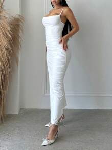 SHEIN SXY 素色褶邊高衩吊帶洋裝 - 白色 - 查看 4