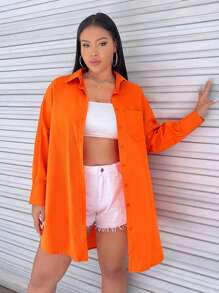 SHEIN EZwear Plus Solid Drop Shoulder Shirt - Orange - View 4