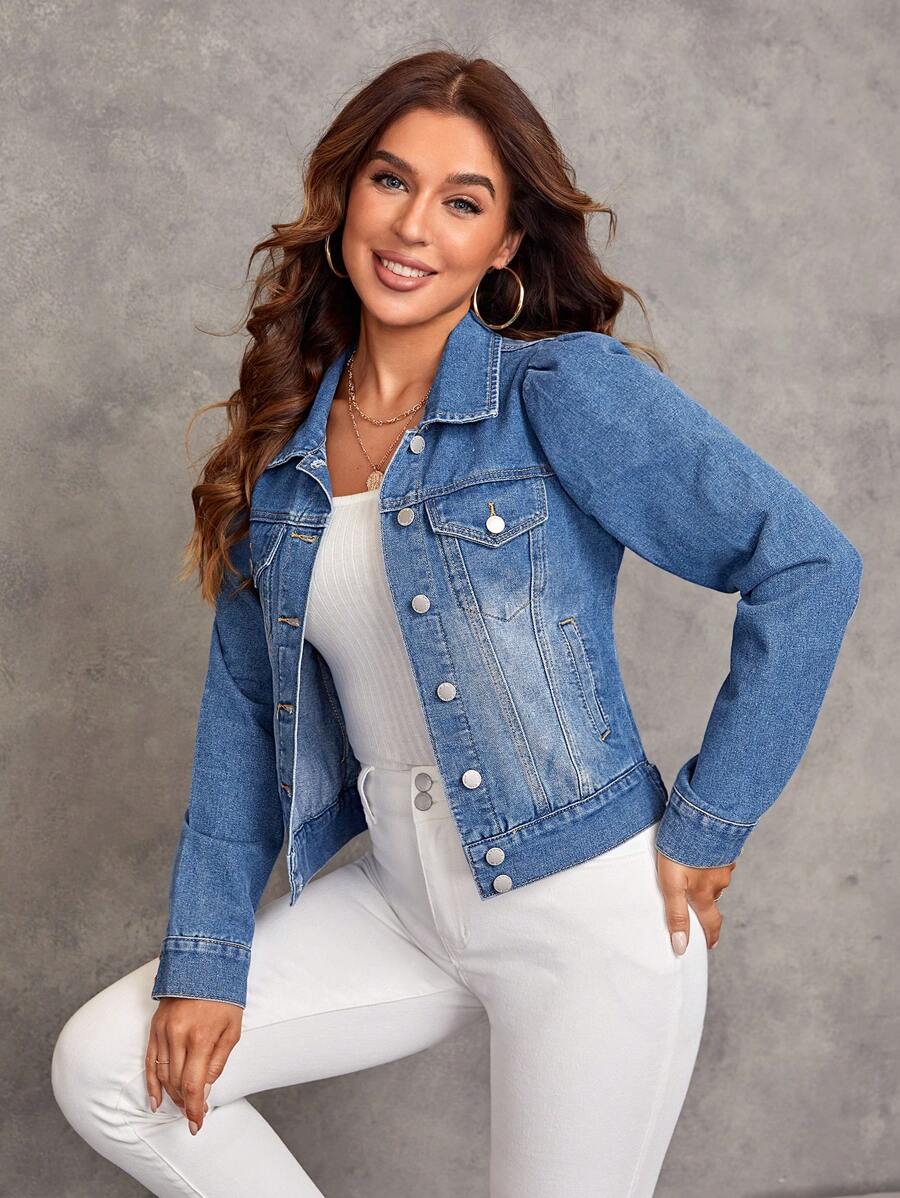 SHEIN LUNE Flap Pocket Puff Sleeve Denim Jacket - Medium Wash - View 1