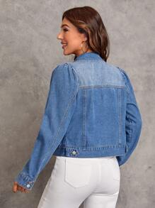SHEIN LUNE Flap Pocket Puff Sleeve Denim Jacket - Medium Wash - View 2