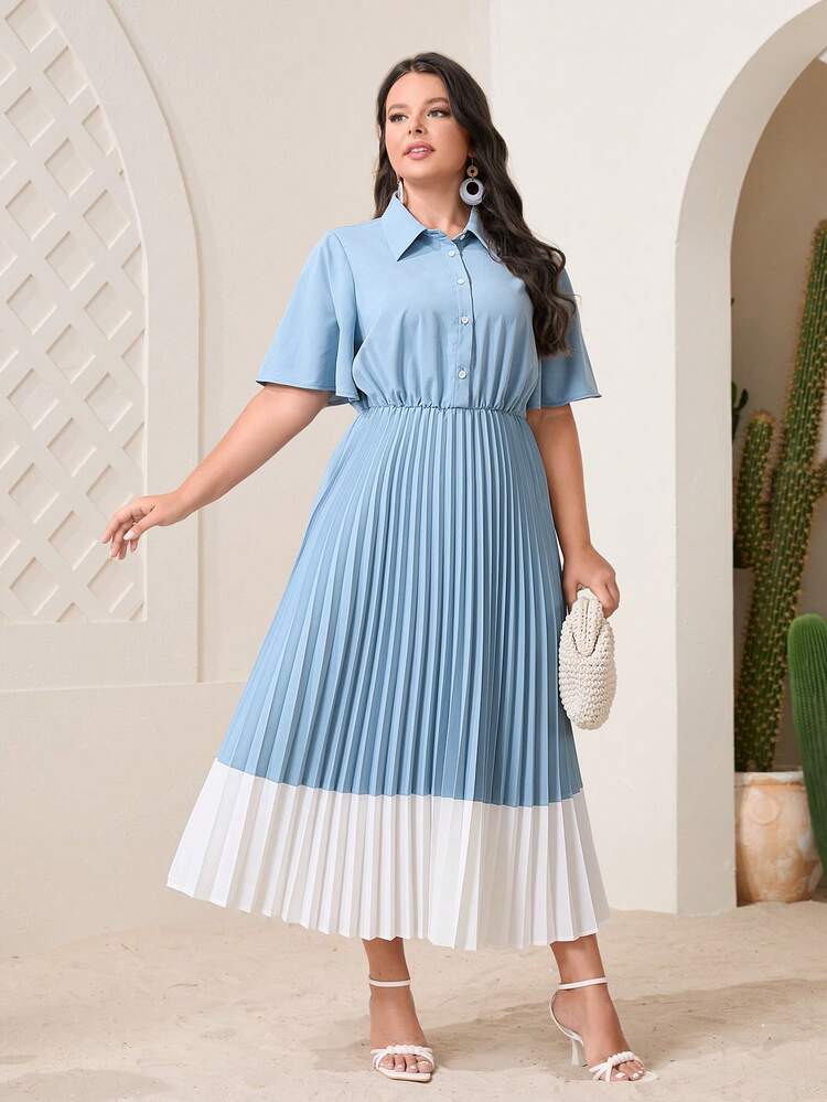 Plus Two Tone Pleated Hem Shirt Dress