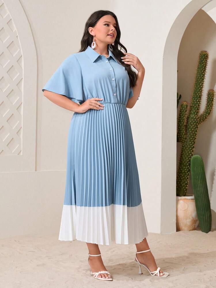 Plus Two Tone Pleated Hem Shirt Dress