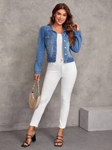 SHEIN LUNE Flap Pocket Puff Sleeve Denim Jacket - Medium Wash - View 3