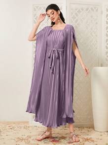 Mulvari 素色方領繫腰帶洋裝 - 紫色 - 查看 1