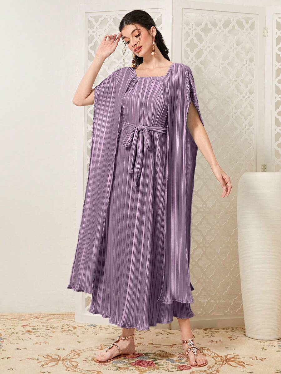 Mulvari 素色方領繫腰帶洋裝 - 紫色 - 查看 1