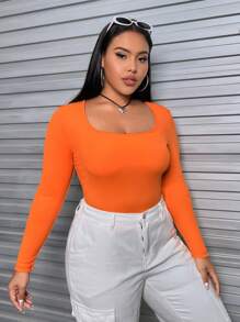 SHEIN EZwear 大碼素色大圓領T恤 - 橘色 - 查看 1