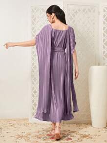 Mulvari 素色方領繫腰帶洋裝 - 紫色 - 查看 2