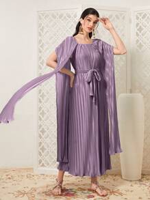 Mulvari 素色方領繫腰帶洋裝 - 紫色 - 查看 3