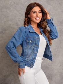 SHEIN LUNE Flap Pocket Puff Sleeve Denim Jacket - Medium Wash - View 6
