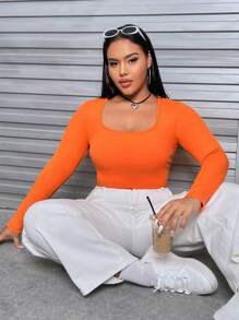 SHEIN EZwear 大碼素色大圓領T恤 - 橘色 - 查看 3