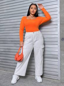 SHEIN EZwear 大碼素色大圓領T恤 - 橘色 - 查看 4