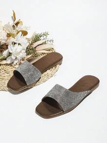 女性水晶裝飾的時尚棕色的咖啡平底涼鞋 - 巧克力棕 - 查看 4