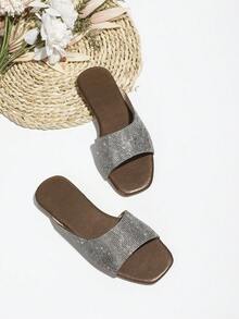 女性水晶裝飾的時尚棕色的咖啡平底涼鞋 - 巧克力棕 - 查看 5