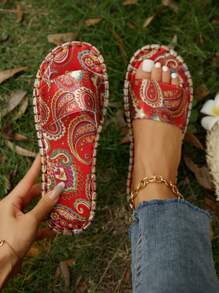 Women's Retro Print Open Toe Casual Flat Slippers For Summer, Fashion Beach Sandals