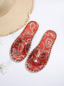 Women's Retro Print Open Toe Casual Flat Slippers For Summer, Fashion Beach Sandals