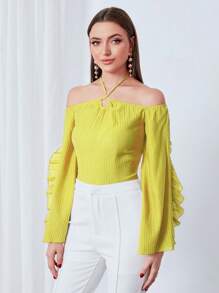 Modelyn Solid Ruffle Trim Flare Sleeve Halter Neck Blouse - Yellow - View 3