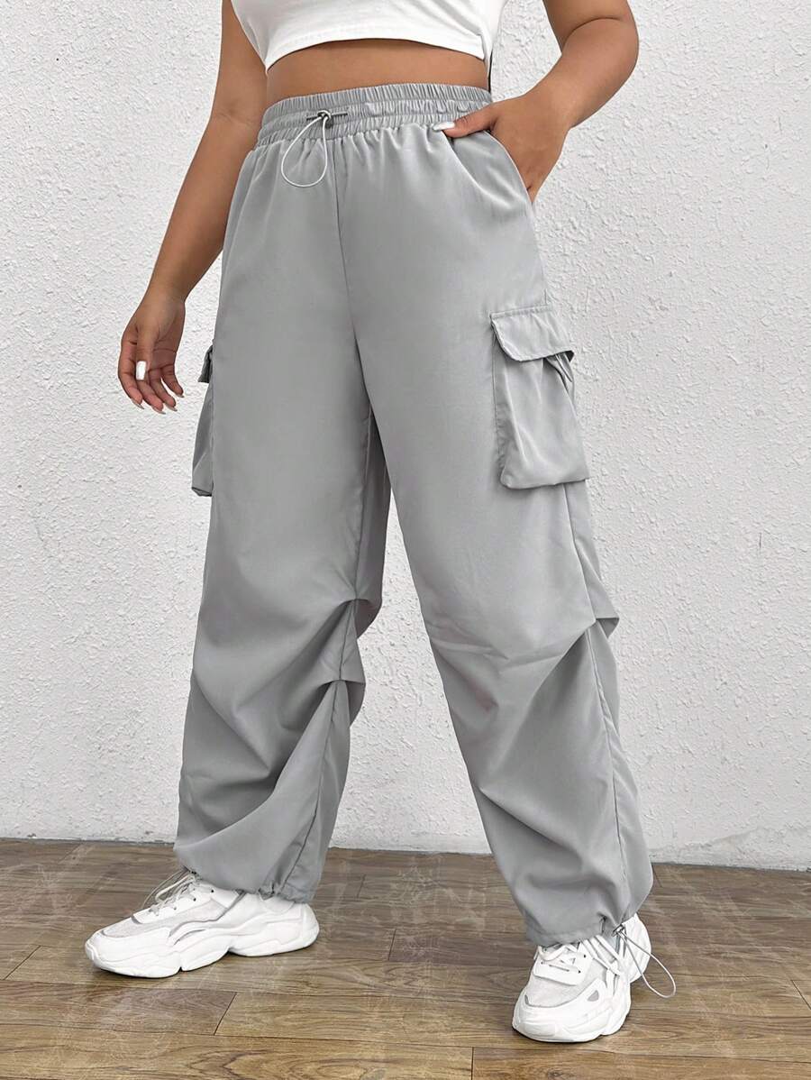 SHEIN EZwear Quần Plus Size Túi Dây kéo màu trơn Giải trí - Màu Xám nhạt - Xem 1
