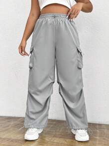 SHEIN EZwear Quần Plus Size Túi Dây kéo màu trơn Giải trí - Màu Xám nhạt - Xem 4