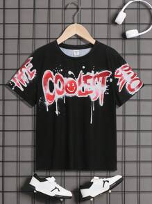 SHEIN 青少年男生寬鬆款針織圓領t恤,有字母印花,適用於春夏季 - 黑色 - 查看 1