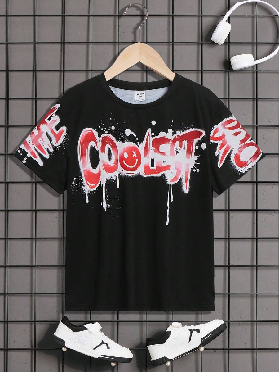 SHEIN 青少年男生寬鬆款針織圓領t恤,有字母印花,適用於春夏季 - 黑色 - 查看 1