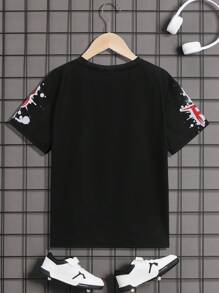 SHEIN 青少年男生寬鬆款針織圓領t恤,有字母印花,適用於春夏季 - 黑色 - 查看 2