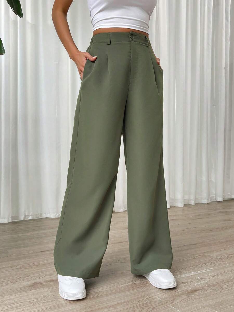 SHEIN EZwear 女士纯色通勤阔腿裤 - 軍綠色 - 查看 1