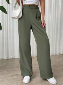 SHEIN EZwear 女士纯色通勤阔腿裤 - 軍綠色 - 查看 3
