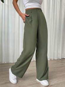 SHEIN EZwear 女士纯色通勤阔腿裤 - 軍綠色 - 查看 5