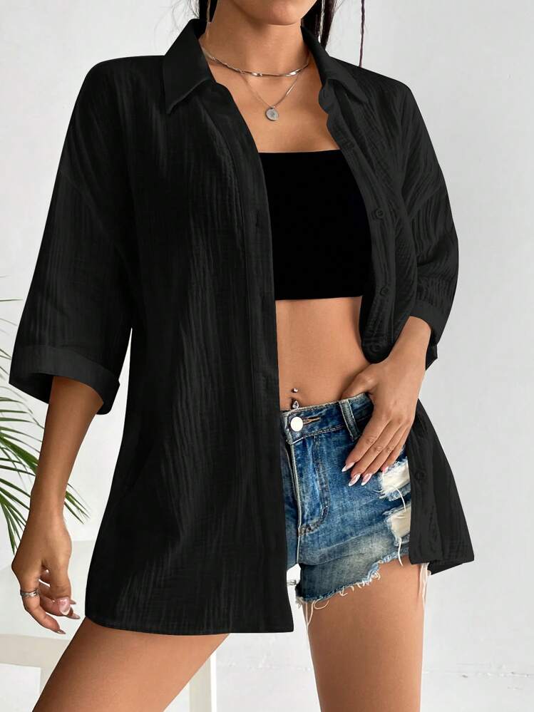 Muchica 素色落肩袖襯衫 - 黑色 - 查看 4