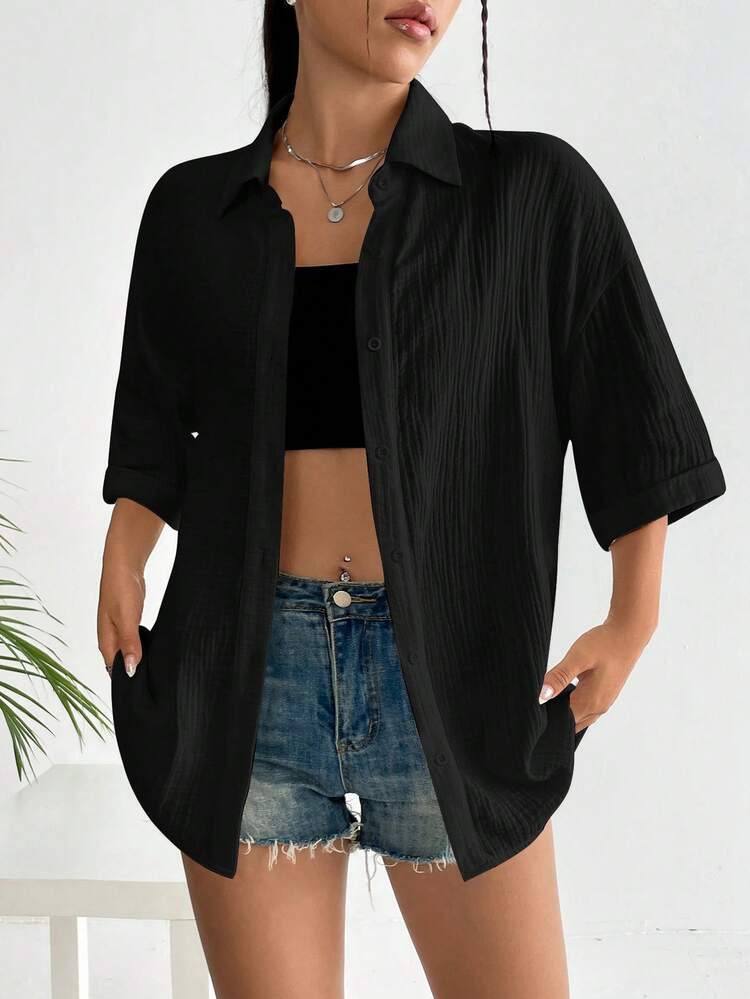 Muchica 素色落肩袖襯衫 - 黑色 - 查看 6