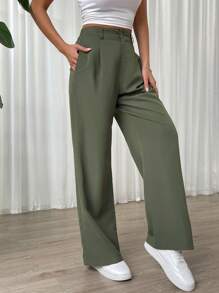 SHEIN EZwear 女士纯色通勤阔腿裤 - 軍綠色 - 查看 7