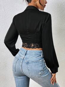 SHEIN Essnce 蕾絲拼接西裝領短版西裝 - 黑色 - 查看 2