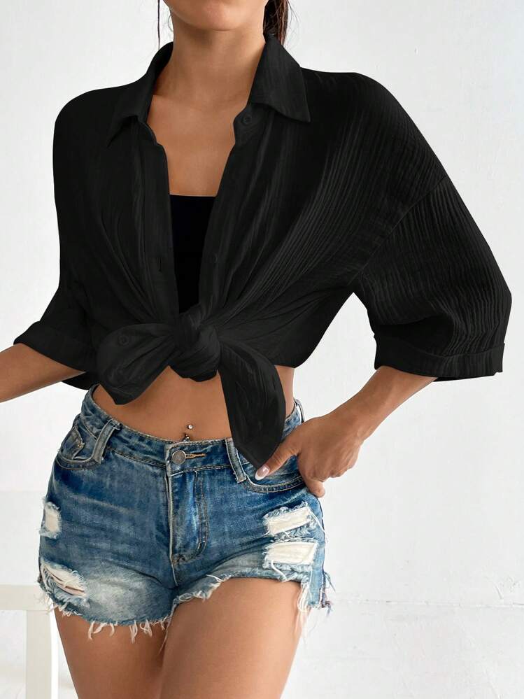 Muchica 素色落肩袖襯衫 - 黑色 - 查看 8