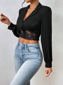 SHEIN Essnce 蕾絲拼接西裝領短版西裝 - 黑色 - 查看 4