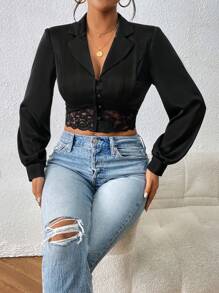 SHEIN Essnce 蕾絲拼接西裝領短版西裝 - 黑色 - 查看 1