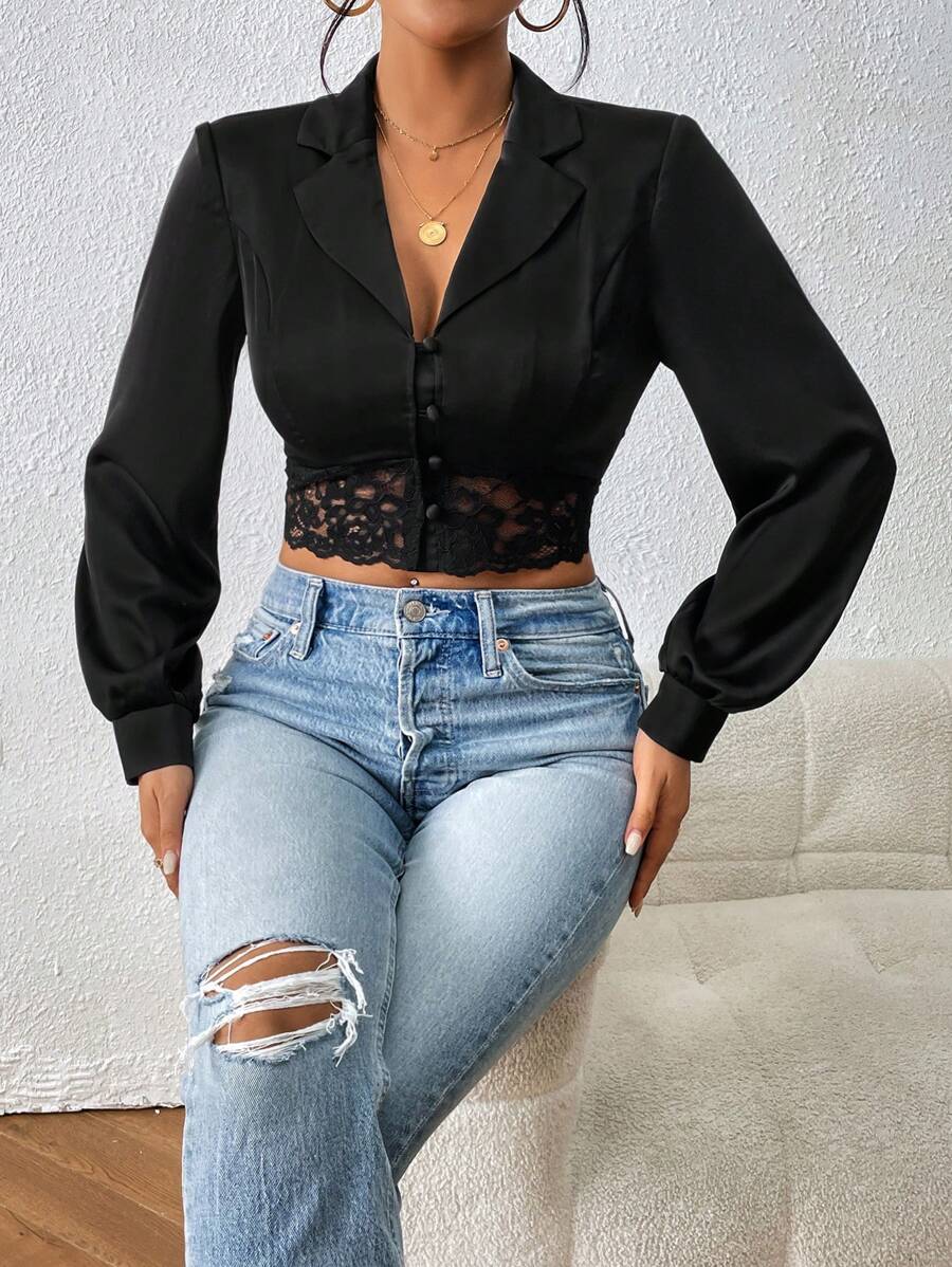 SHEIN Essnce 蕾絲拼接西裝領短版西裝 - 黑色 - 查看 1