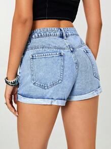 SHEIN EZwear Roll Up Hem Denim Shorts - Light Wash - View 2