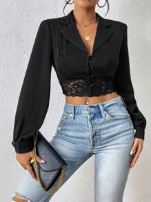 SHEIN Essnce 蕾絲拼接西裝領短版西裝 - 黑色 - 查看 5