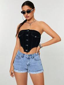 SHEIN EZwear Roll Up Hem Denim Shorts - Light Wash - View 5