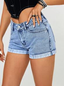 SHEIN EZwear Roll Up Hem Denim Shorts - Light Wash - View 7