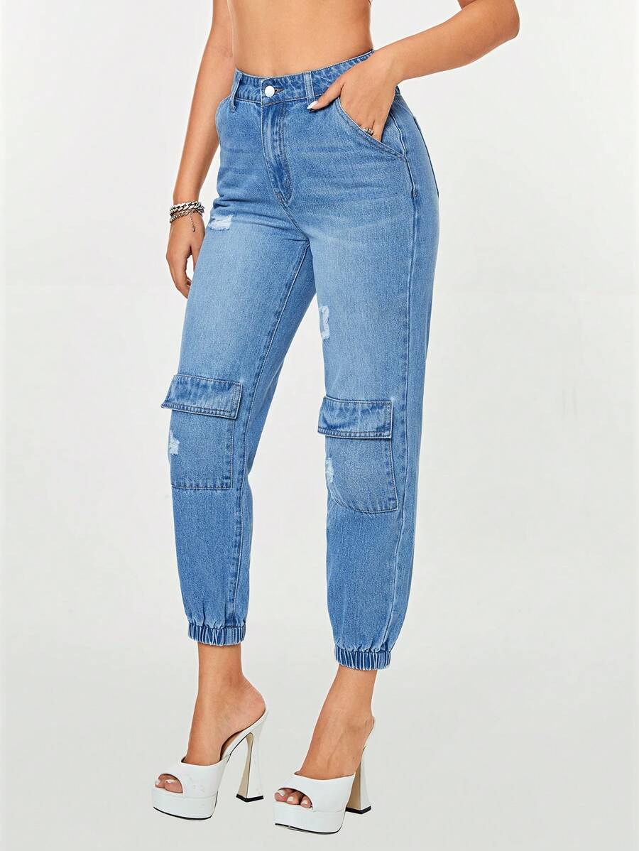 SHEIN Unity Flap Pocket Ripped Cargo Jeans Boyfriend Jeans - Medium Wash - View 1