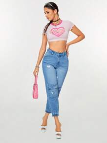 SHEIN Unity Flap Pocket Ripped Cargo Jeans Boyfriend Jeans - Medium Wash - View 3