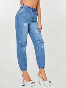 SHEIN Unity Flap Pocket Ripped Cargo Jeans Boyfriend Jeans - Medium Wash - View 6