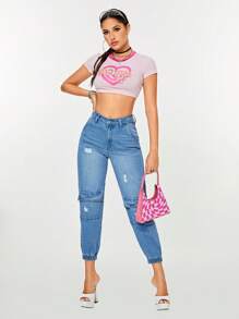 SHEIN Unity Flap Pocket Ripped Cargo Jeans Boyfriend Jeans - Medium Wash - View 7