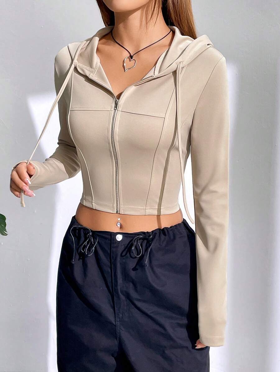 SHEIN EZwear Zip Up Drawstring Hooded Crop Sweatshirt - Apricot - View 1