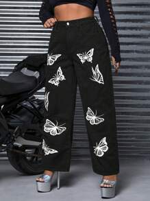 SHEIN ICON 鈕扣 口袋 拉鍊蝴蝶型大碼牛仔褲 - 黑色 - 查看 1