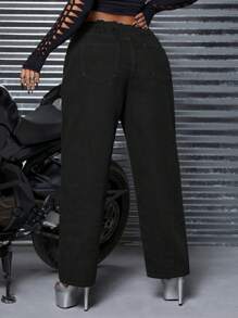 SHEIN ICON 鈕扣 口袋 拉鍊蝴蝶型大碼牛仔褲 - 黑色 - 查看 2