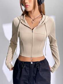 SHEIN EZwear Zip Up Drawstring Hooded Crop Sweatshirt - Apricot - View 4