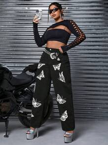 SHEIN ICON 鈕扣 口袋 拉鍊蝴蝶型大碼牛仔褲 - 黑色 - 查看 3