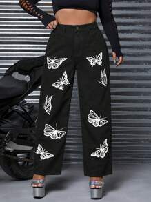 SHEIN ICON 鈕扣 口袋 拉鍊蝴蝶型大碼牛仔褲 - 黑色 - 查看 4